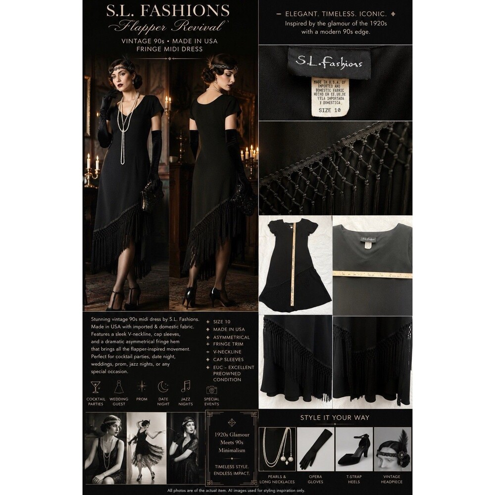 VTG S.L. Fashions Black Fringe Flapper Revival Midi Dress Goth Prom 90s USA Made